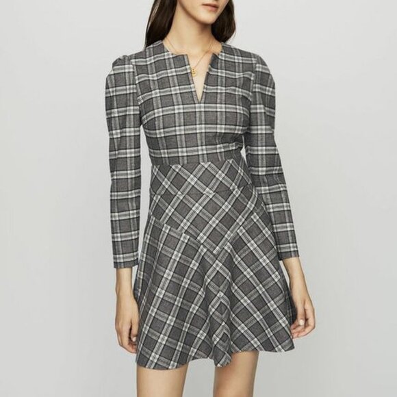 New Maje Rity Plaid Wool Blend Mini Dress Gray Small $320 - Picture 1 of 9